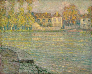 Casas junto al río al atardecer, Moret