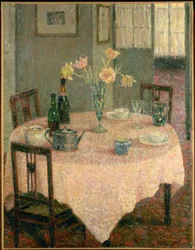Interior con mantel rosa (pintura)