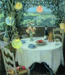 La mesa bajo los faroles (óleo sobre lienzo)