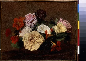 Rosas y capuchinas en un jarrón. Pintura de Henri Fantin-Latour (Fantin Latour