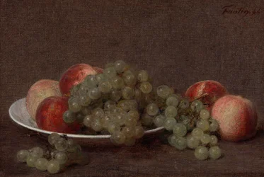 Naturaleza muerta con melocotones y uvas