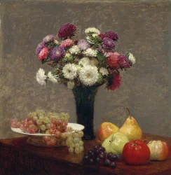 Ásteres y frutas en una mesa, 1868