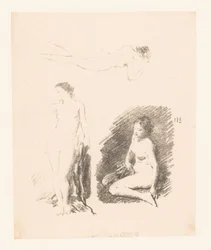 Hoja de estudio con tres mujeres desnudas