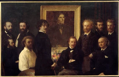 Homenaje a Eugène Delacroix. Los personajes representados son Louis Edmond Duranty (hombre de letras), James Abbott McNeill Whistler (pintor), Champfleury, Jules Husson (hombre de letras), Édouard Manet, Charles Baudelaire, Louis Cordier, Alphonse Legros (