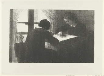 Dos mujeres bordan en la mesa junto a la ventana en el interior Interior de los brodeuses L