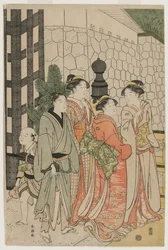 Joven y mujeres en el puente Tokiwa