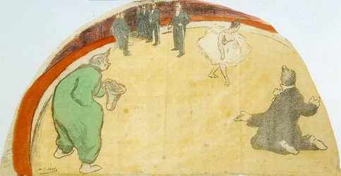 Espectáculo de circo con bailarina, payasos. Dibujo a pastel de Henri Gabriel Ibels (1867-1936)