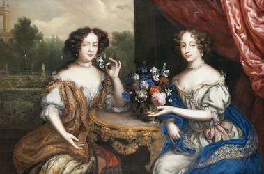 Retrato doble de Lady Maria Somalia y Lady Anne Barrington, sentadas tres cuartos de longitud junto a una mesa con un jarrón de flores