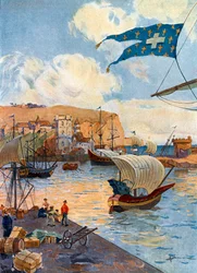 Vista de la ciudad de Dieppe en Normandía en la época del explorador francés Jean Cousin, finales del siglo XV Ilustración de Gaston Henry Darien (1864-1926) a partir de "Notre epopee coloniale" de Pierre Legendre