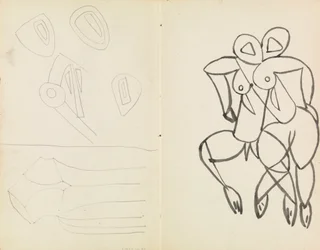 Cinco bocetos abstractos y estudios de figuras masculinas y femeninas