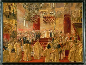 La coronación del zar Nicolás II y la emperatriz Alejandra Fiódorovna en la Catedral de la Dormición, Moscú