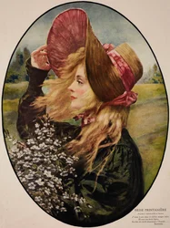 Mujer joven con sombrero de paja, sosteniendo un ramo de flores