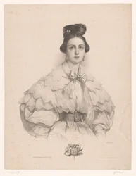 Mujer joven con nombre con letra A A (título en el objeto) Damas por cada letra del alfabeto (título de la serie) Le Miroir des Dames, ou nouvel alphabet français (título de la serie)