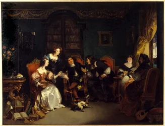 Disputa entre Trissotin y Vadius. Escena tomada de la obra de Moliere "Les womans savantes"; acto 3, escena 5