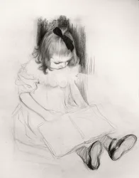 Niña leyendo (lápiz de color sobre papel)