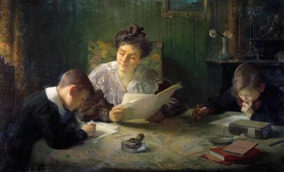 Deberes Una madre ayuda a los niños a hacer los deberes. Pintura de Henri Jamet (1858-1940) Siglo XX Orleans, Museo de Bellas Artes