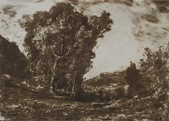 Dos barqueros en un pantano cerca de un grupo de árboles, c. 1857