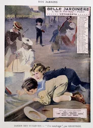 Niños jugando con barcos en el Jardín de las Tullerías por Jean Geoffroy (1853-1924), calendario “Belle Jardinière”, serie “Nos Jardins”, octubre, s.f. c.1900