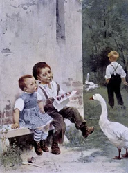 Educación: niños leyendo y ganso observándolos - ill. por Geoffroy, en "Figaro Illustré", mayo 1901