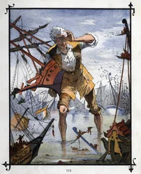 Lemuel Gulliver en el centro de una batalla naval entre los barcos de Lilliput y Blefuscu. Ilustración de “Los viajes de Gulliver” de Jonathan Swift (1667-1745)