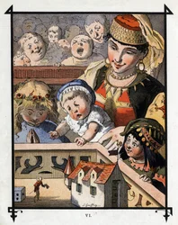 Lemuel Gulliver en la tierra de los gigantes de Brobdingnag es una curiosidad para los niños. Ilustración para 
