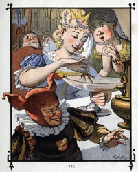 Lemuel Gulliver es repintado de un plato en el que había caído por la Reina de Brobdingnag. Ilustración para “Los viajes de Gulliver” por Jonathan Swift (1667-1745)