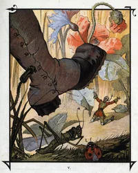 El pie gigantesco de un residente de Brobdingnag casi aplasta a Lemuel Gulliver en la hierba alta. Ilustración para “Los viajes de Gulliver” de Jonathan Swift (1667-1745)