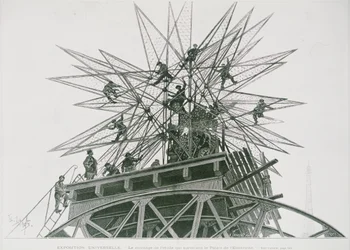 Exposición Universal de 1900: Instalación de la estrella en la cima del Palacio de la Electricidad (grabado)