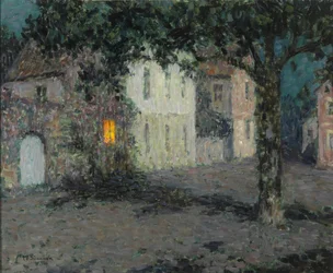 Plaza de la ciudad iluminada por la luna en Cherburgo, ca. 1934