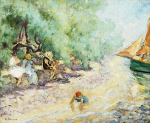 Bañistas al lado de un río