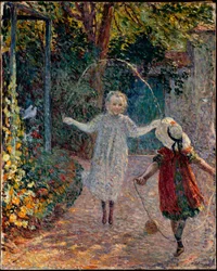 Niños saltando la cuerda en el jardín