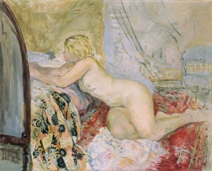 Desnudo recostado contra una cama