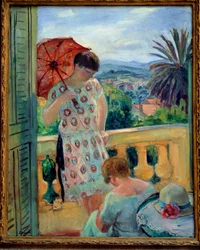 Dos mujeres en un balcón o en el balcón, con vista al Esterel. Pintura de Henri Lebasque (1865-1937) 1925-1926, óleo sobre lienzo, 92.5 × 65 cm. Lyon, museo de Bellas Artes