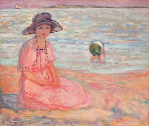 Mujer con Vestido Rosa junto al Mar