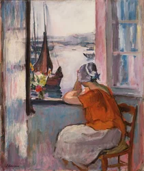 Niña joven en la ventana frente a la isla de Yeu