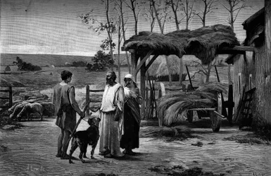 Escena bíblica: “Jacob en Laban.” Grabado después de la pintura de Henry Lerolle Henry (1848-1929). En “The Illustrous World” n°1192 del 31 de enero