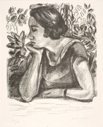 Retrato de busto de una dama con la barbilla apoyada en la mano derecha