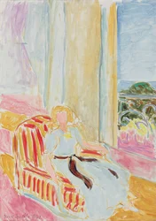 Niña con vestido blanco, sentada cerca de la ventana