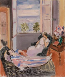 Interior con dos figuras, ventana abierta