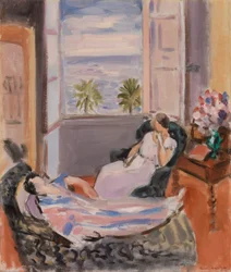 Interior con dos figuras, ventana abierta