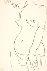 Mujer desnuda de medio cuerpo, de tres cuartos hacia la izquierda. La parte superior de la cabeza está recortada