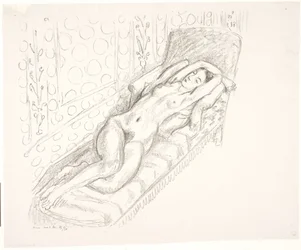 Mujer desnuda, recostada en una chaise longue