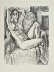 Desnudo con cojín azul junto a una chimenea