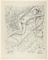 Desnudo reposando sobre una chaise longue con fondo de mashrabiya