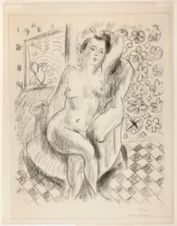Desnudo en un sillón, con fondo de mashrabiya