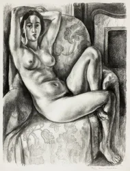 Desnudo con cojín azul junto a una chimenea