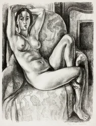 Desnudo con cojín azul junto a una chimenea