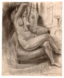 Desnudo sentado con los brazos en alto