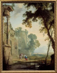 Paisaje con: una mujer, un anciano y un niño en un paisaje de ruinas romanas con estanque. Pintura de Henri Mauperche (1602-1688)
