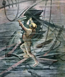 Un buzo buscando un naufragio en el puerto de La Havre, Francia, 1892